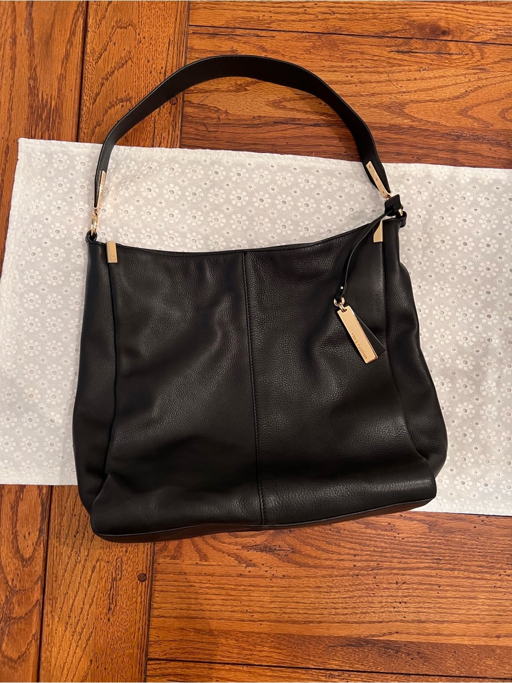 Vince Camuto Black Pebbled Leather Shoulder Bag with Gold-Tone Tag